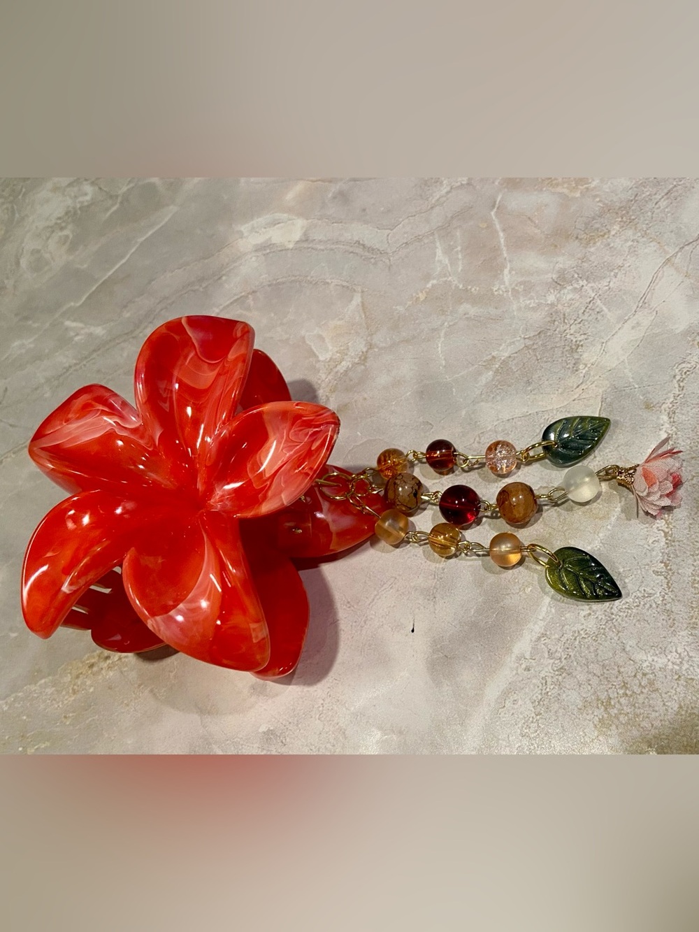Hand Crafted Red Floral Resin Hair Clip with Multicolor Bead Tassels